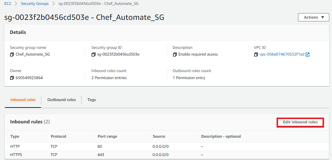 Chef_Automate_SG security group detail page with the Inbound rules tab and the Edit inbound rules button highlighted.