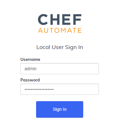 Chef Automate Local User Sign In with Username and Password fields.